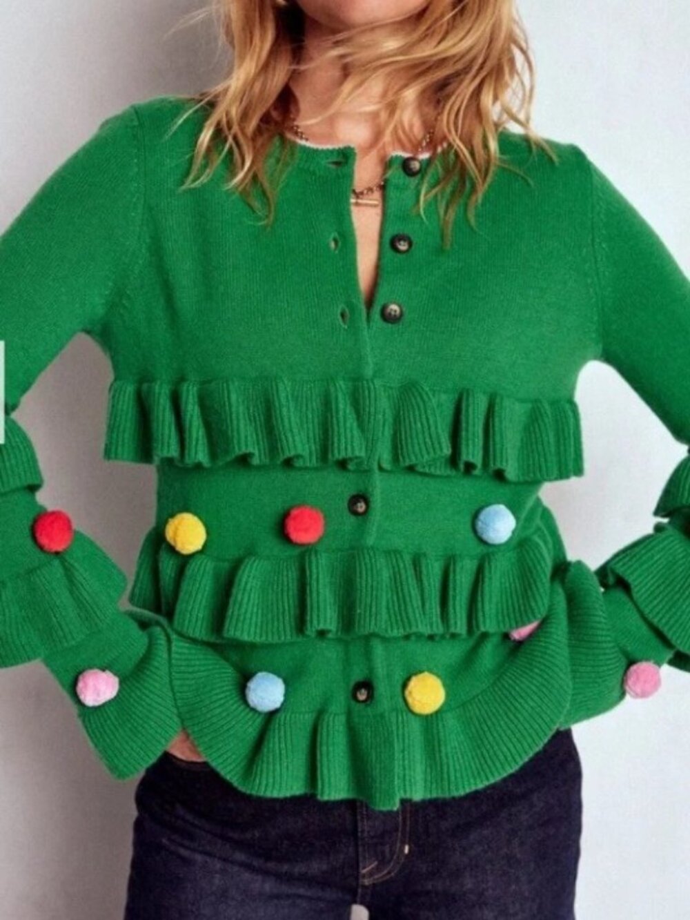 Green Ruffle Pom-Pom Women's Sweater